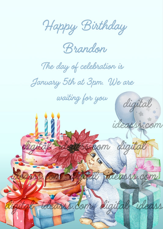 Little boy in pajamas with a Christmas star, in his hand. A cake, gift boxes and balloons. Printable birthday card for
 children 1-7. 