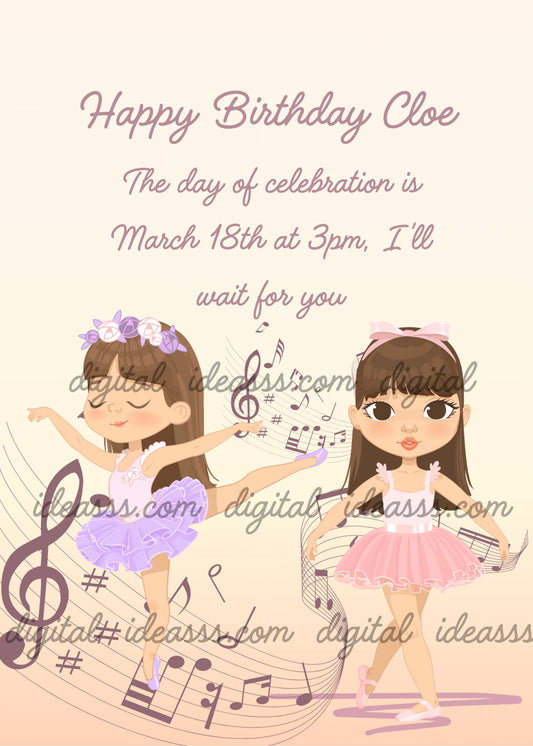 Two little dancers taking their first steps, surrounded by musical notes. Printable birthday card for girls 6-12.