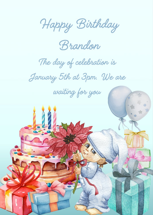 Little boy in pajamas with a Christmas star, in his hand. A cake, gift boxes and balloons. Printable birthday card for
 children 1-7.
