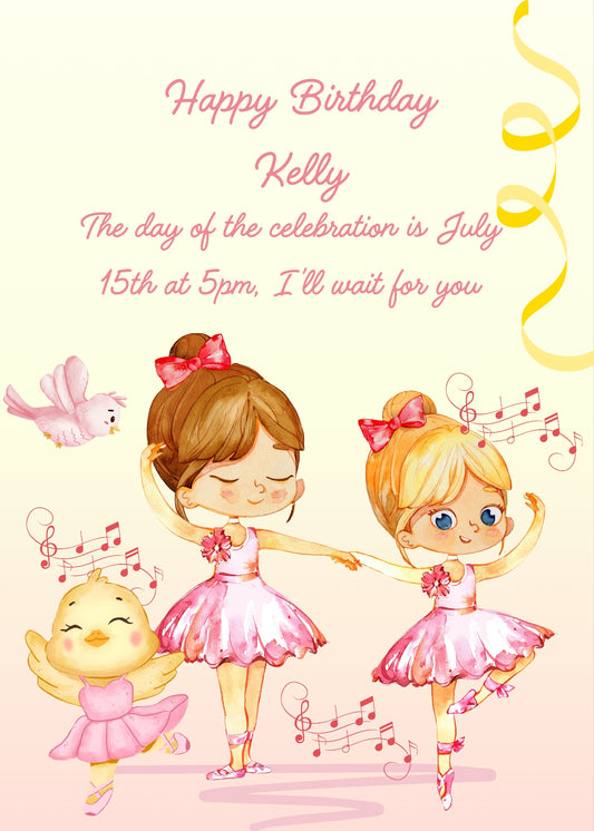 Two funny little girls take their first dance steps. A ballerina canary accompanies them. Printable birthday card for girls 
4-10.