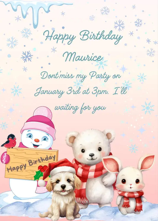 Cute animals with scarf and hat next to a snowman. Winter landscape with falling snow. Printable birthday Christmas card for kids 1-12.