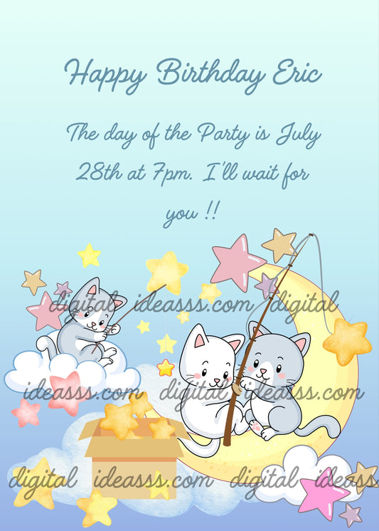 Cute kittens among stars, and clouds catching stars with their fishing rods. Printable birthday card for kids 1-9.