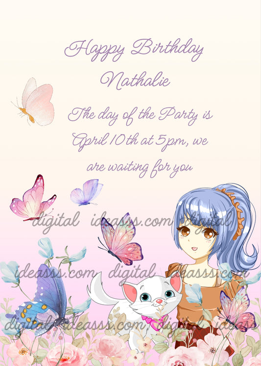 A little girl in the garden, watches the flight of butterflies togeher with her kitten. Printable birthday card for girls 10-14. 
