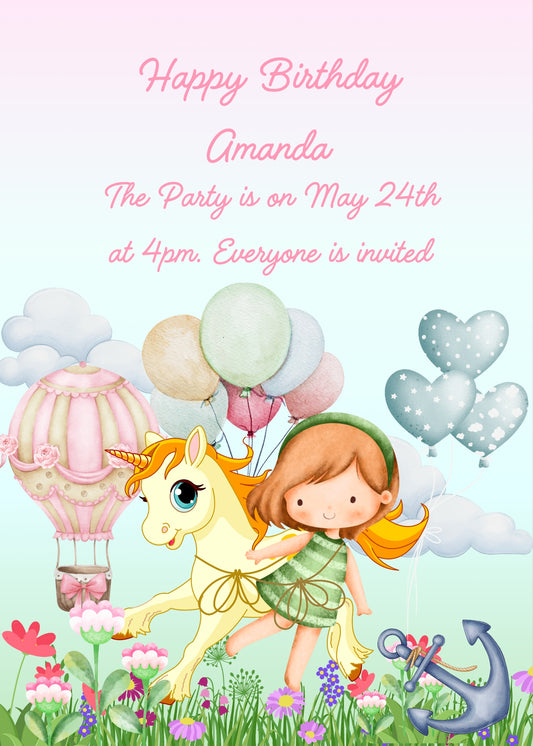  Little girls wants to fly with balloons with her unicorn. In the background a pink hot air balloon and balloons. Printable birthday card for girls 1-9.