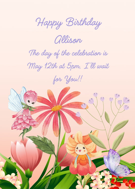 Pink flowers in the foreground, an elf in  the form of a flower, and a flower with eyes nose and mouth. Printable birthday card for kids 9-14.