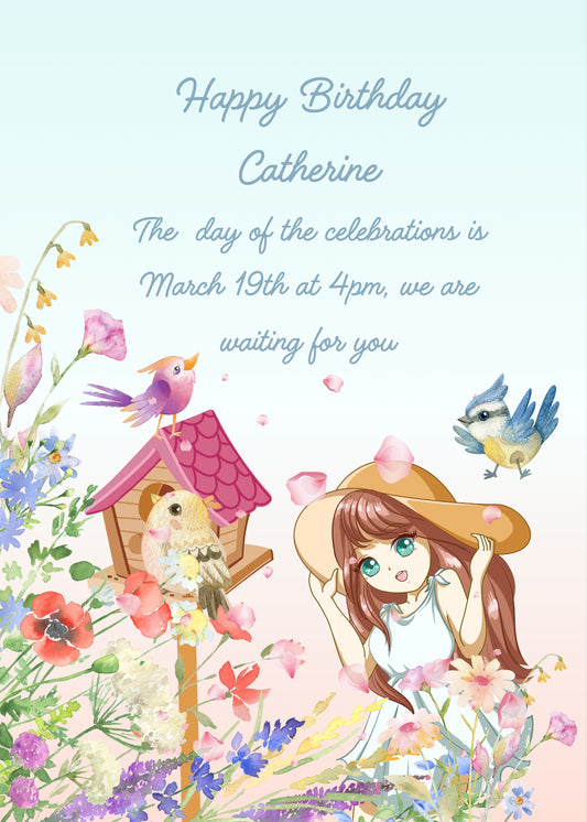 A flower garden, a birdhouse, and a little girl holding her hat in her hands to the wind. Printable birthday card for girls 
10-14.