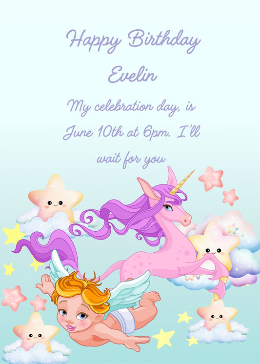 An angel flying with a unicorn, among stars and clouds. Printable birthday card for kids 1-9.