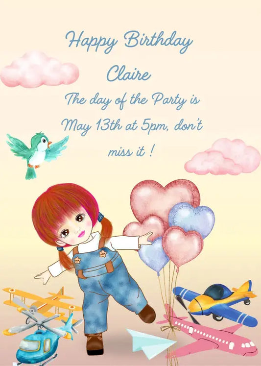 Cute little girl, with outstrethed arms pretends to fly. Her toys are all airplanes. Printable birthday card for girls 5-12.