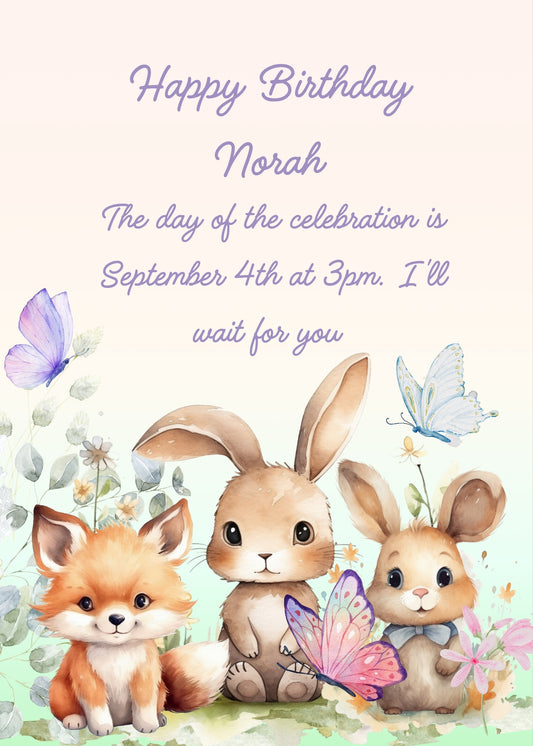 Two bunnies and a fox in a garden, with butterflies flying near them. Printable birthday card for kids 1-9.