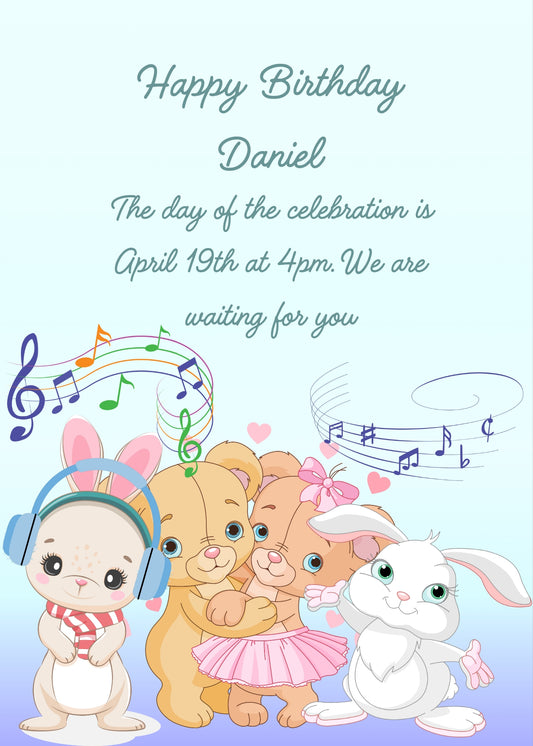 Two teddy bears are dancing, musical notes in the air, and two bunnies, one is listening to music with headphone. Printable birthday card for kids 1-9.