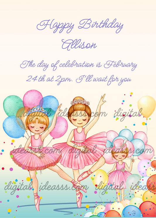 Ballet dancers in pink tutus dance with balloons. Printable birthday card for girls 6-12.