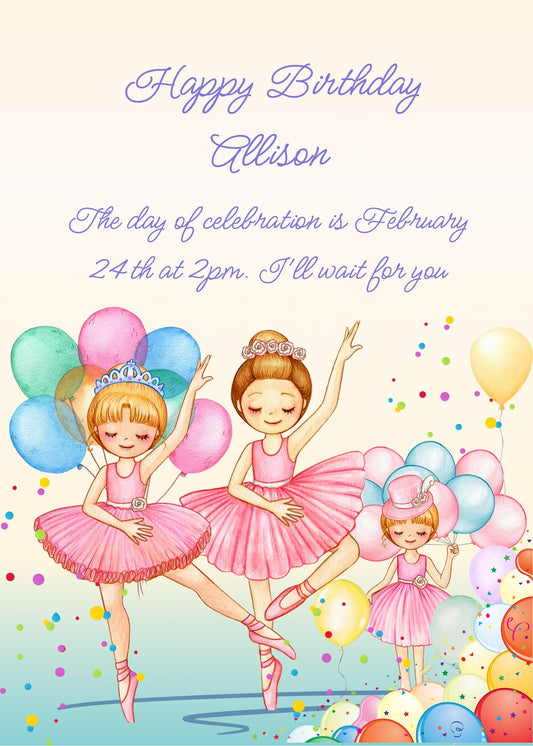 Ballerinas in pink tutus with balloons, and confetti. Printable birthday card for girls 
6-12.
