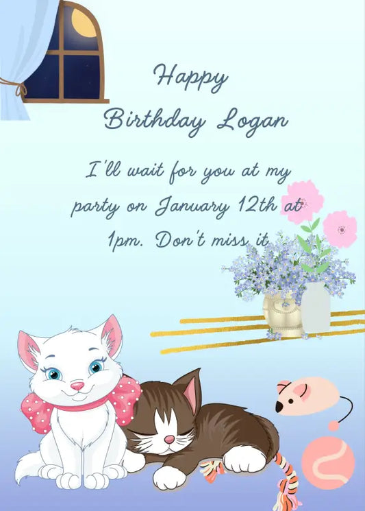 Tw cute kittens stopped playing, one fell asleep leaning on the other. Printable birthday card for kids 1-12.