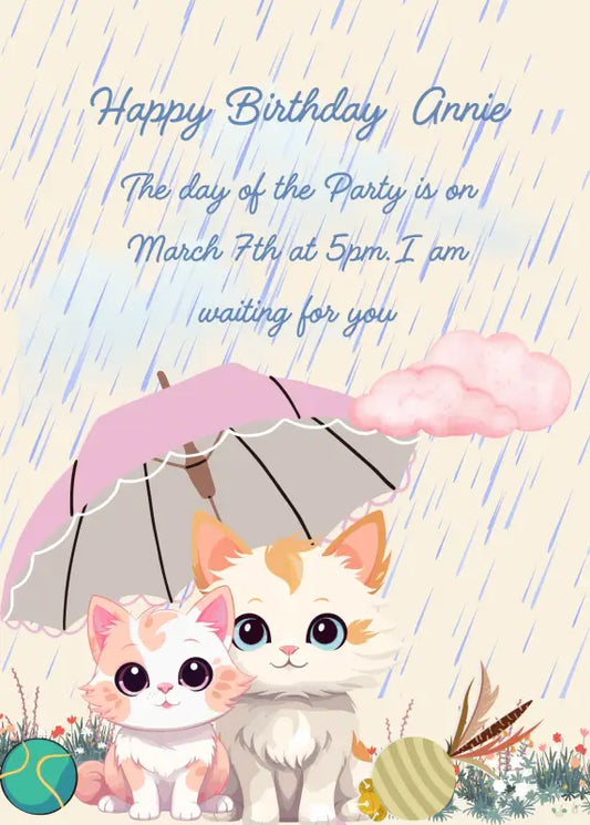 Two cute kittens shelter from the rain under an umbrella, interrupting their games. Printable birthday card for kids 
1-9.