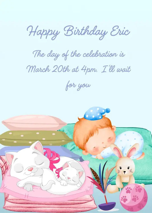 A child and two kittens sleep on pillows with their toys, after playing together. Printable birthday card for kids 1-9.