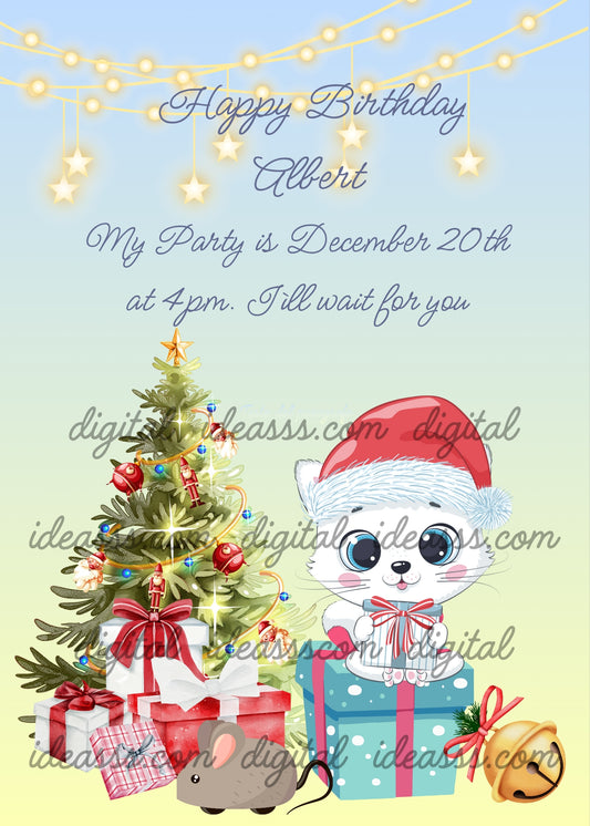 The kitten Trilly sitting on a package, she has a present between her paws, next to the Christmas tree and other presents. Printable birthday & Christmas card for kids 1-10. 