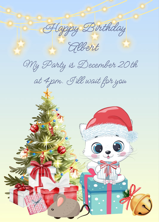 The kitten Trilly sitting on a package, she has a present between her paws, next to the Christmas tree and other presents. Printable birthday Christmas card for kids 1-10.