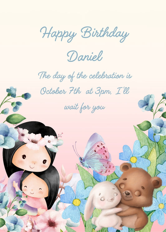 In a garden a mother hugs her little girl. A bunny and teddy bear imitate her. Printable birthday card for kids 1-9.