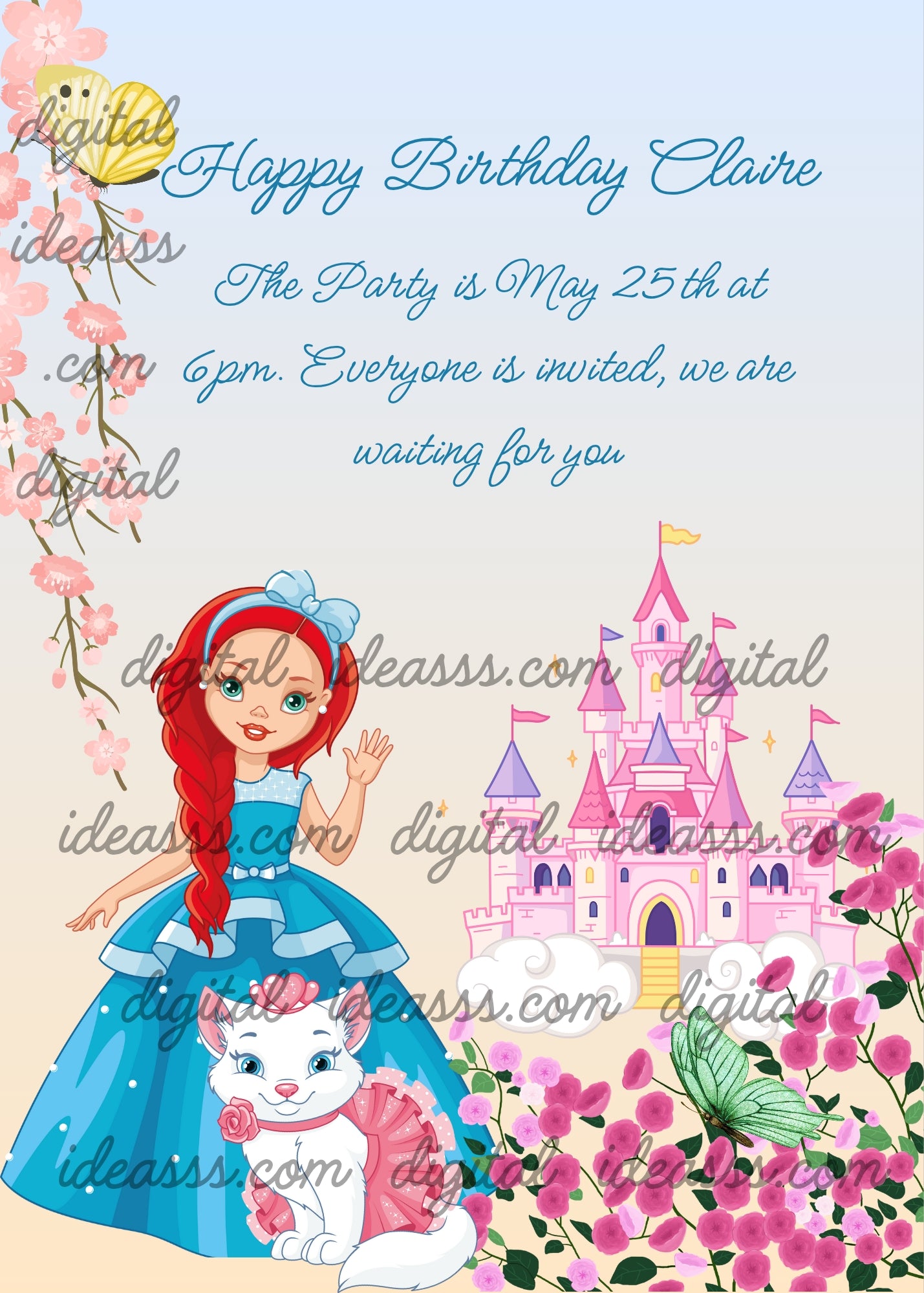 In the garden of a castle pretty princess waves together with her kitten. Printable birthday card for girls 6-12. 
