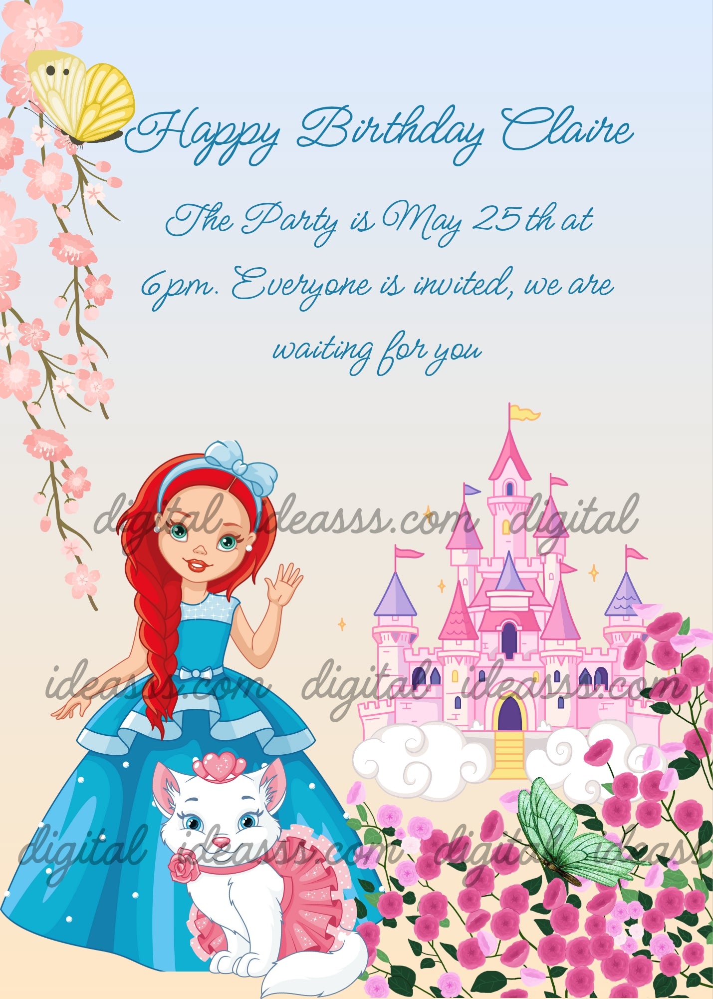 In the garden of a castle pretty princess waves together with her kitten. Printable birthday card for girls 6-12. 