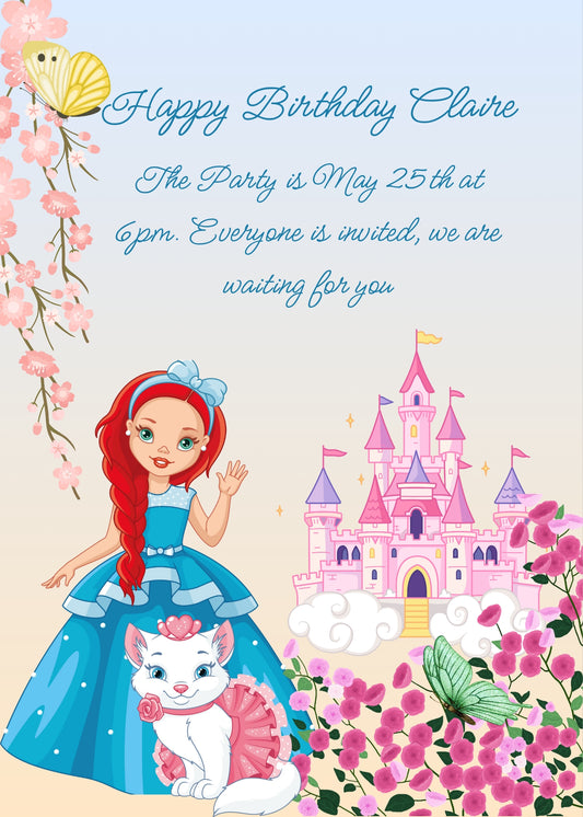 In the garden of a castle pretty princess waves together with her kitten. Printable birthday card for girls 6-12.