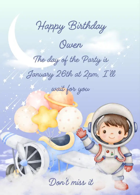Child dressed as astronaut waving in the clouds, next to his airplane with balloons. Printable birthday card for boys 5-10.