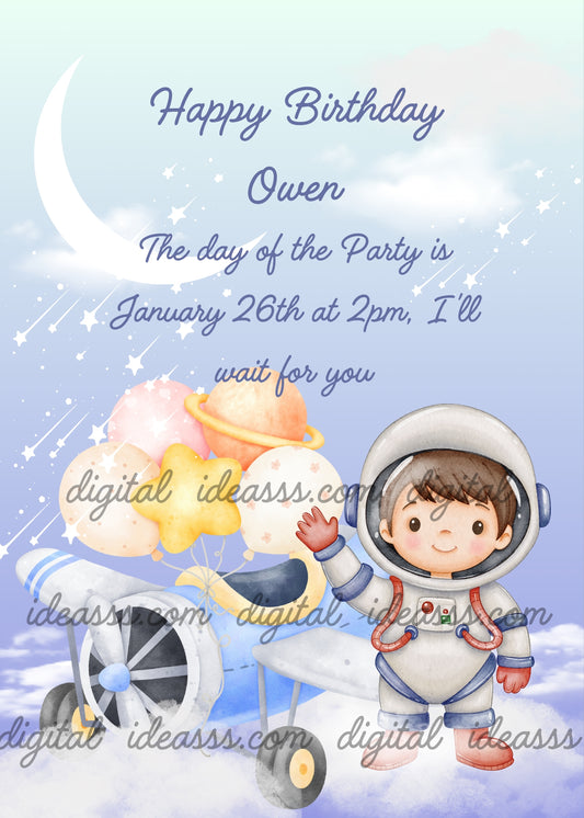 Child dressed as astronaut waving in the clouds, next to his airplane with balloons. Printable birthday card for boys 5-10. 