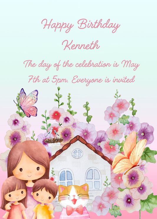 A little house among many flowers, two children, a mother and a cute kitten. Printable birthday card for kids 1-12.
