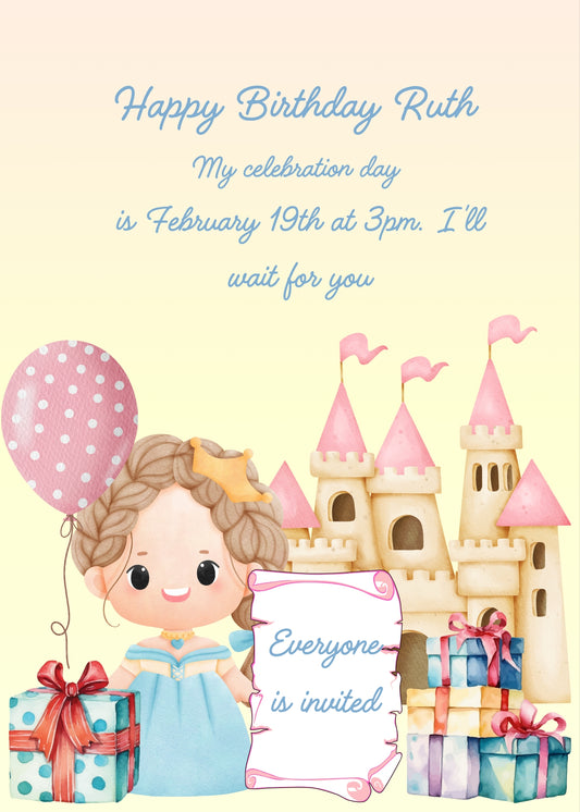 Little girl dressed as princess with castle, gift packages, parchment and balloon. Printable birthday card for girls 1-9.
