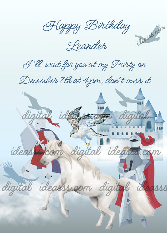 Two knights with a castle in the background, a white horse, low clouds, and hawks in flight. Printable birthday card for boys 10-14.