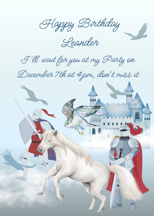 Two knights with a castle in the background, a white horse, low clouds, and hawks in flight. Printable birthday card for boys 10-14.