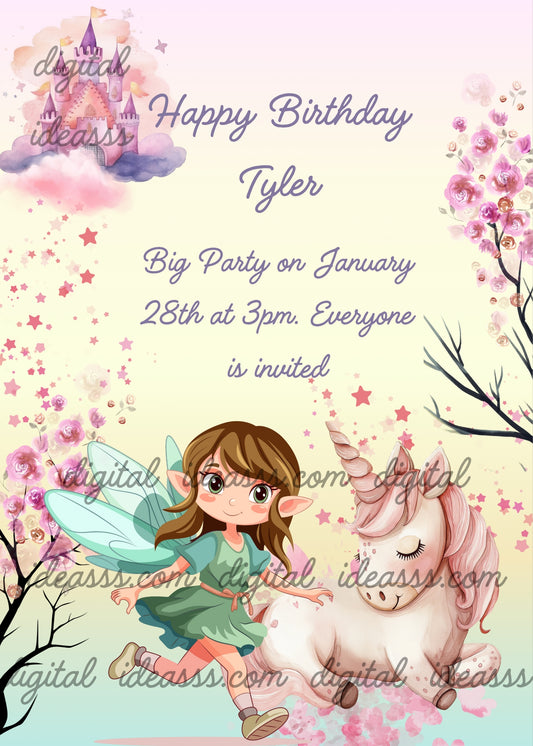A fairy runs to her unicorn friend. In the background the fairy's castle. Printable birthday card for kids 7-12. 
