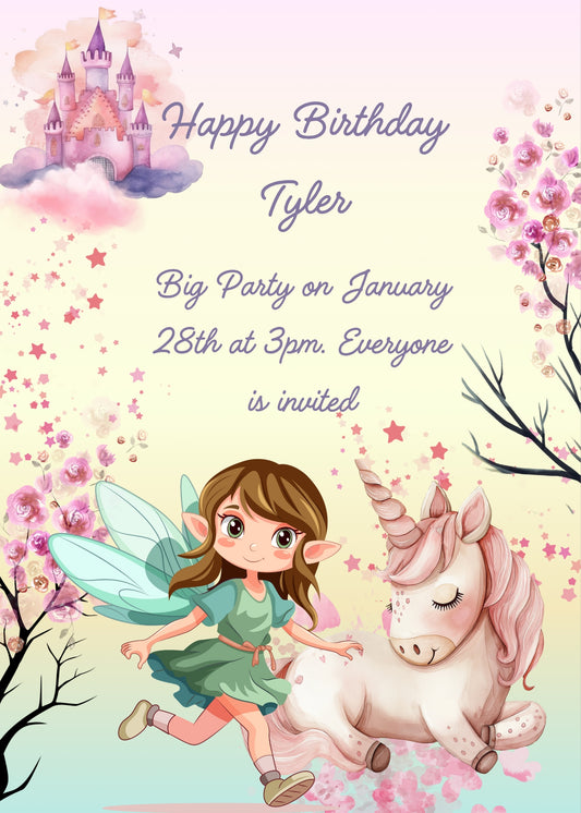 A fairy runs to her unicorn friend. In the background the fairy's castle. Printable birthday card for kids 7-12.