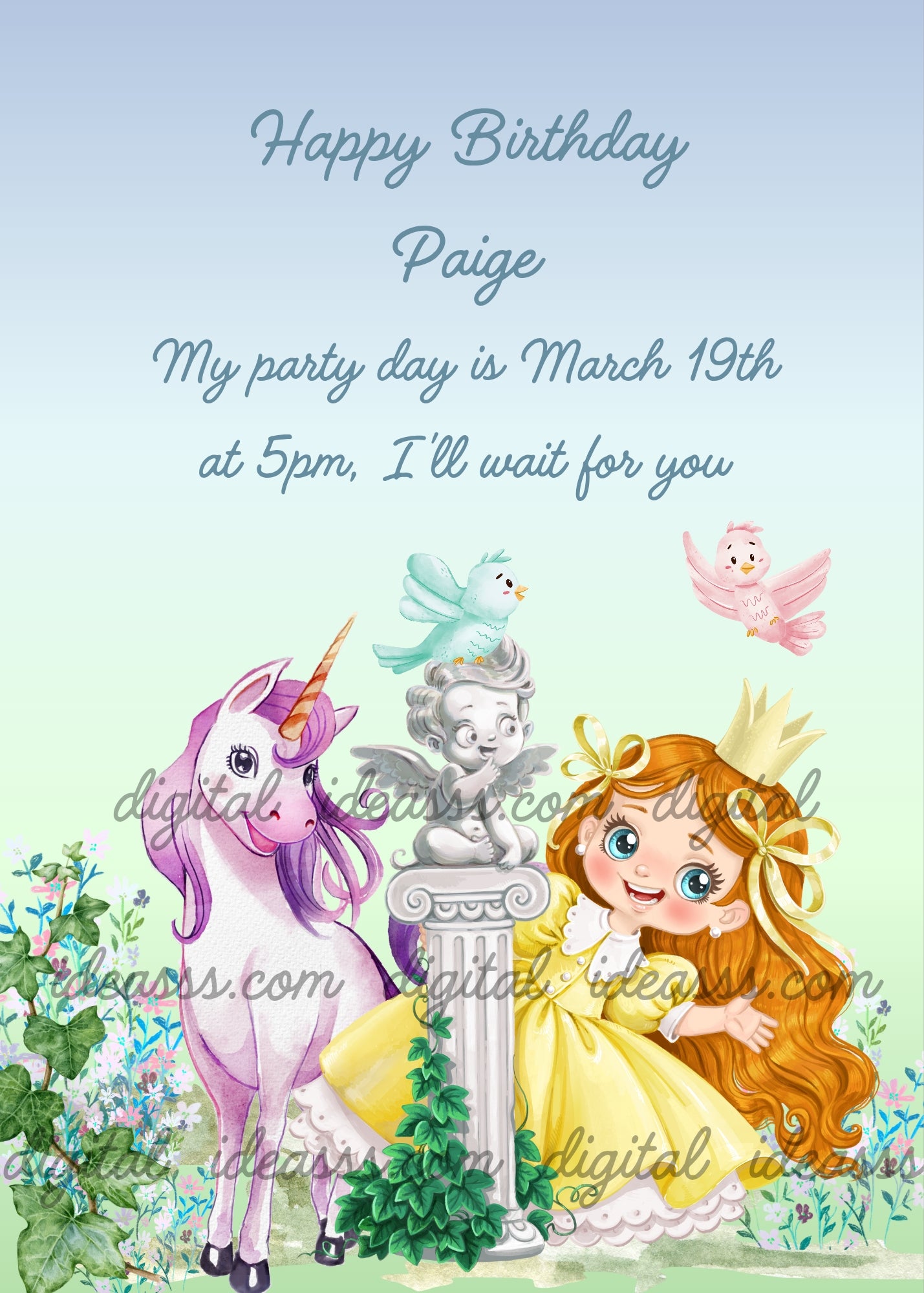 Little princess plays hide and seek in her garden with unicorn. Printable birthday card for girls 3-12.