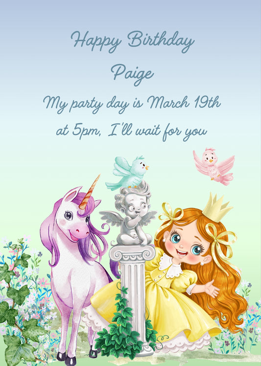 Little princess plays hide and seek in her garden with unicorn. Printable birthday card for girls 3-12.