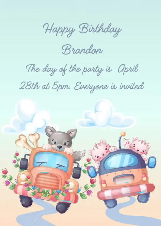 Kittens and puppy, with their cars, they are on their way for the holidays. Printable birthday card for kids 1-9.
