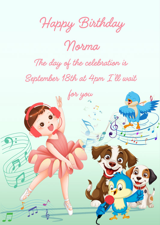 A little girl dances and sings, with her two little dogs listen, and little birds sing. Printable birthday card for girls 5-12.