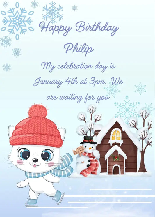 Snowy winter landscape, with the little cat Trilly skating happily with a hat and scarf. Printable birthday card for kids 1-9.