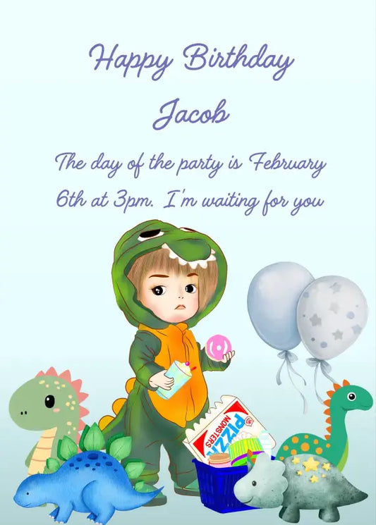 Child with dinosaur costume. Dinosaur toys, and balloons. Printable birthday card for boys 5-10.