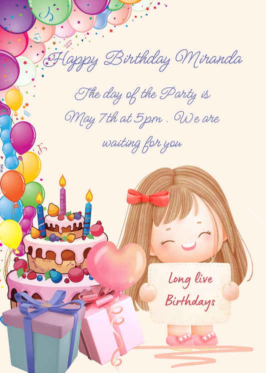 Little girl, with birthday card, cake, gift boxes, and many colorful balloons. Printable birthday card for girls 1-12.