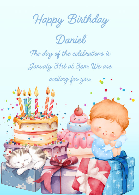 Smiling child sitting on a gift box, two cakes in the background, and a kitten sleeping on the presents. Printable birthday card for kids 1-9.
