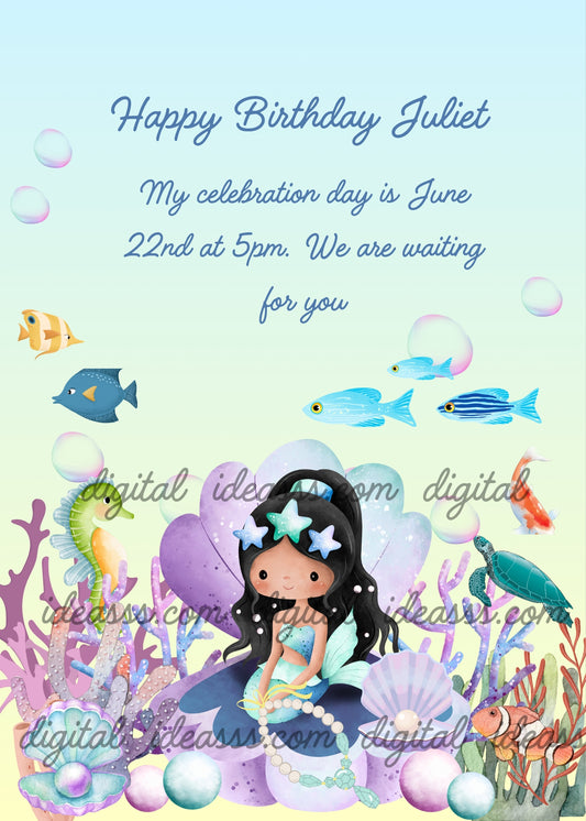 A little mermaid sitting in a shell with a pearl necklace in her hand. Pearls and shells on the seabed. Printable birthday card for girls 1-10. 