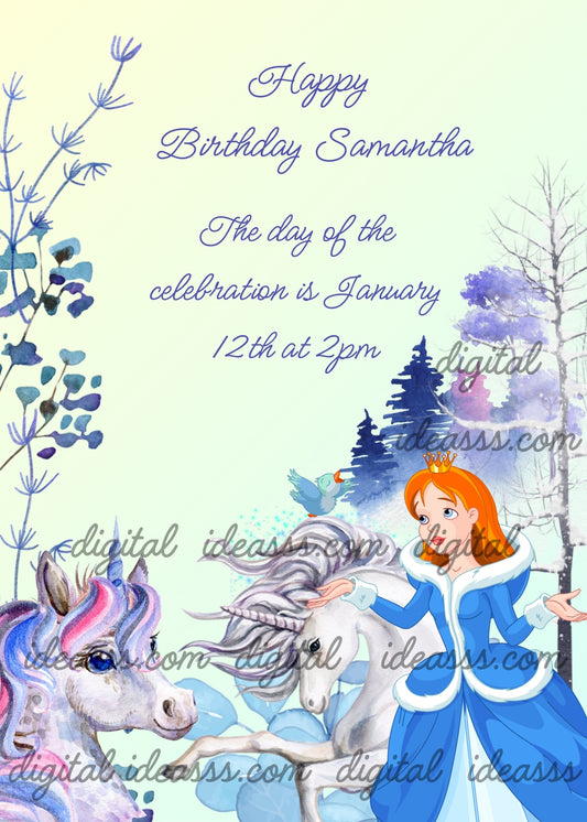 A princess goes to visit the unicorn forest. Winter landscape background. Printable birthday card for girls 6-12.