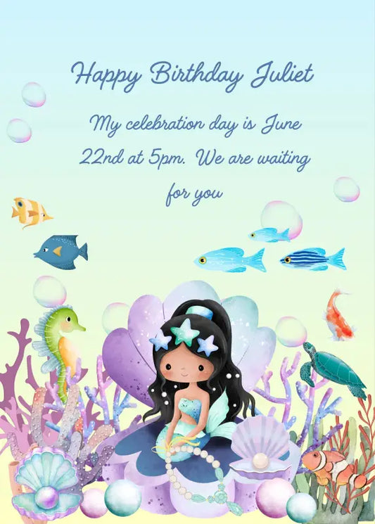 A little mermaid sitting in a shell with a pearl necklace in her hand. Pearls and shells on the seabed. Printable birthday card for girls 1-10.