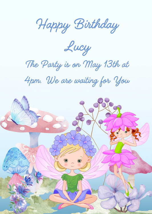 Cute fairies with flower dresses in a colorful garden with mushrooms and flowers. Printable birthday  card for girls 8-14.