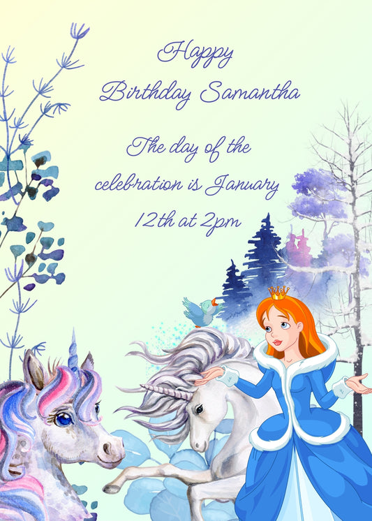 A princess goes to visit the unicorn forest. Winter landscape background. Printable birthday card for girls 6-12.