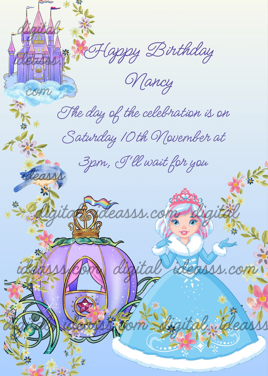 A princess with a carriage, a road made with a line of flowers; a castle in the clouds. Printable birthday card for girls
5-10.