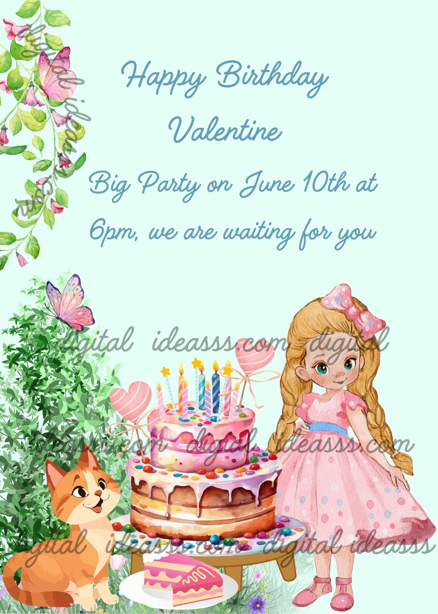 A little girl celebrates her birthday in the garden. Her kitten also celebrate with her. Printable birthday card for girls 5-14.