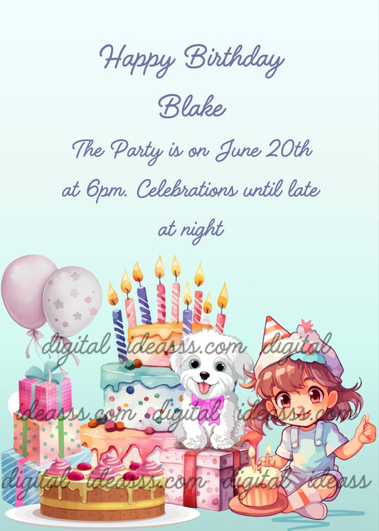Smiling little girl with cakes and gift boxes, and her dog friend. Printable birthday card for kids 7-14.