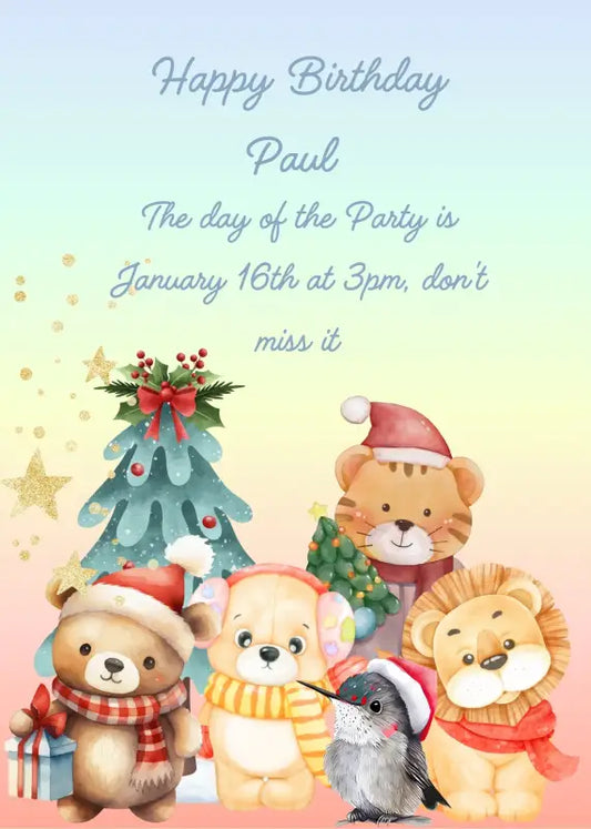 Cute Jungle animals in winter clothes next to a Christmas tree. Printable birthday Christmas card for kids 1-9.